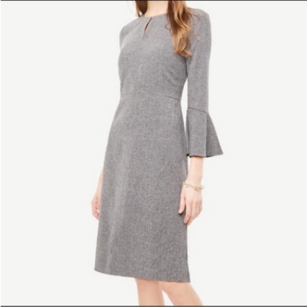 NWT. Ann Taylor 4 Gray Long Bell Sleeve Sheath Midi Dress.